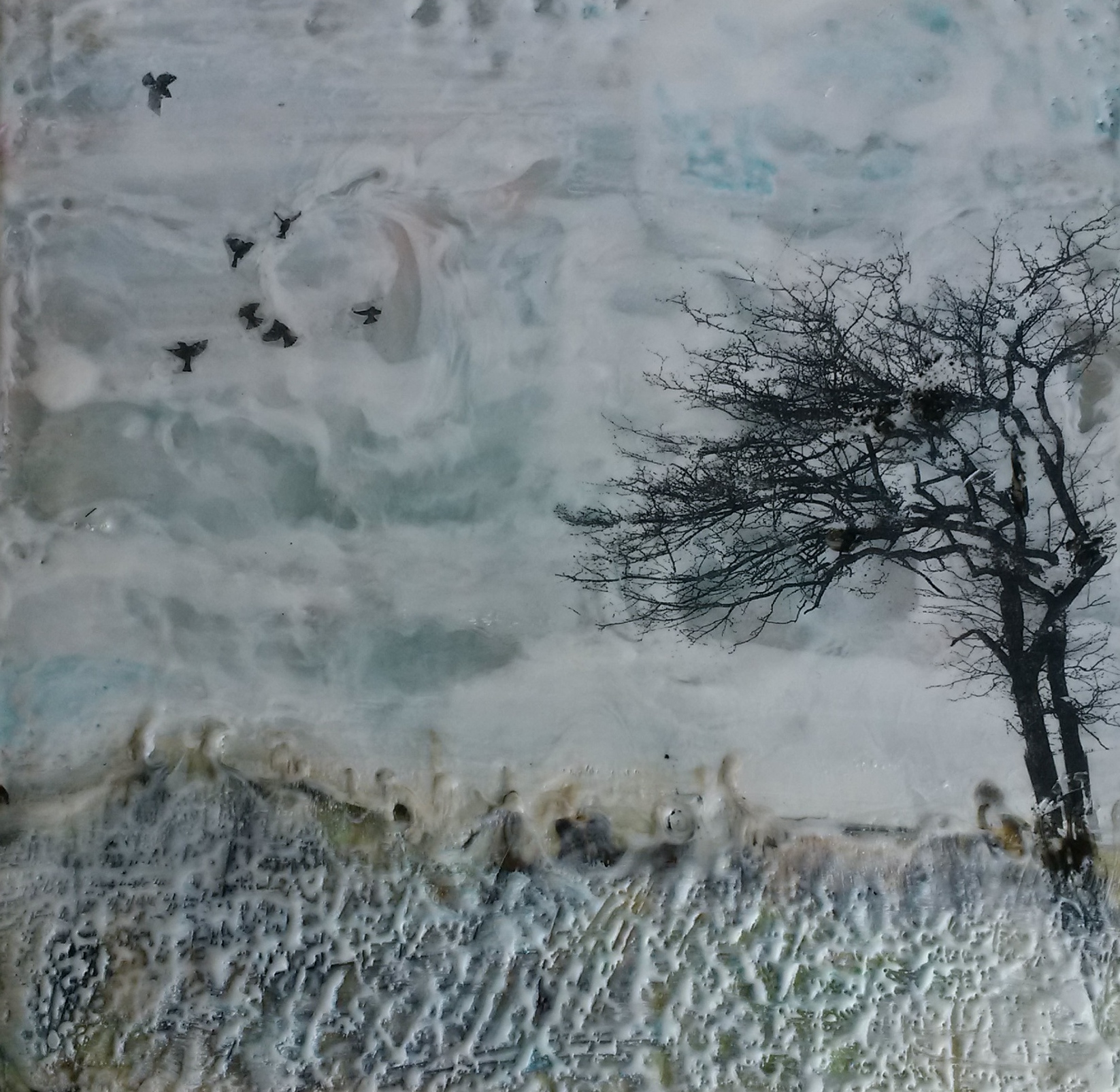 Flight, Oil Encaustic, 10 x 10, 2018, $320
