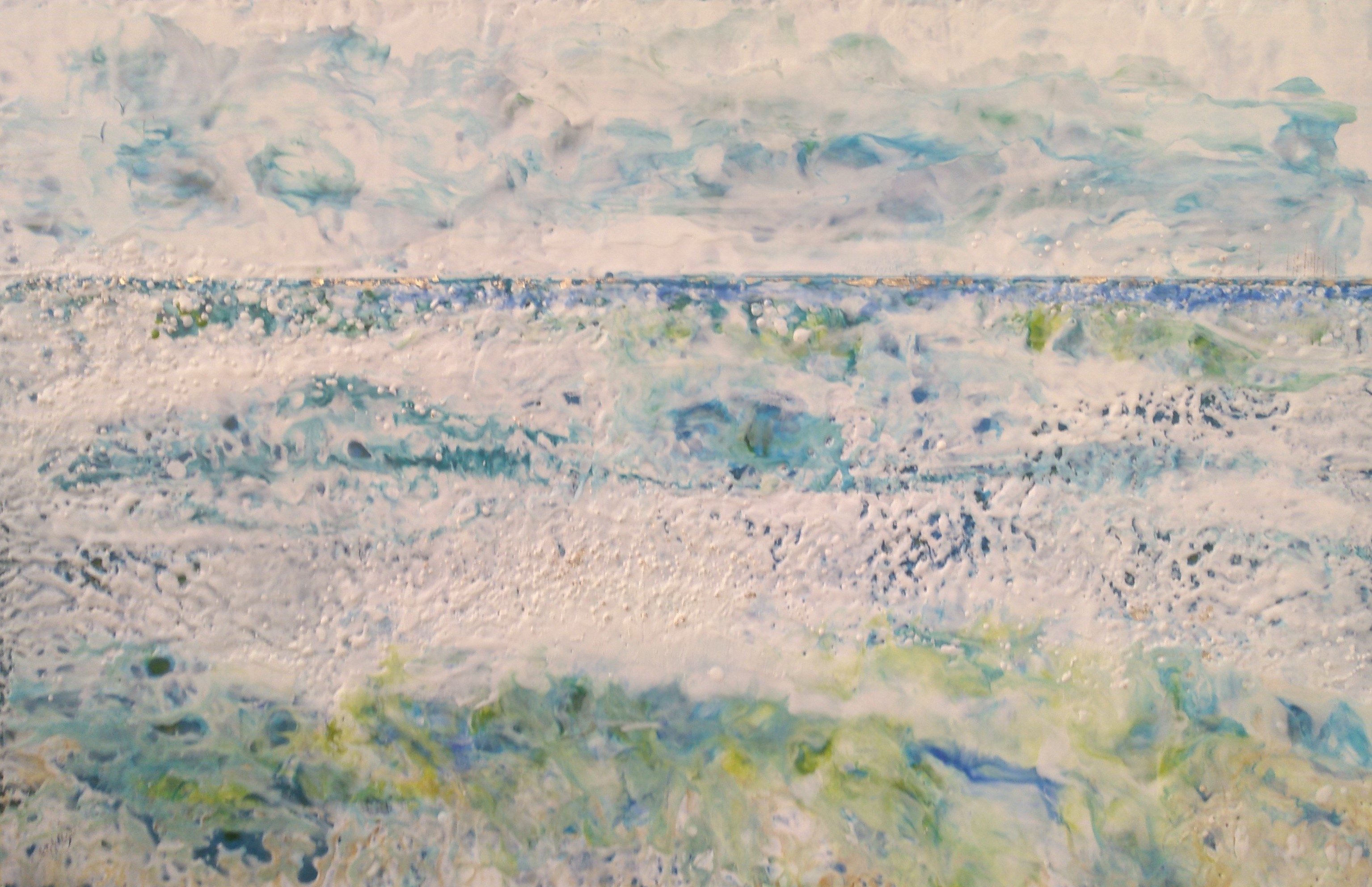 Hieblinger, summer day, encaustic, 24hx36wx1.5d, $490