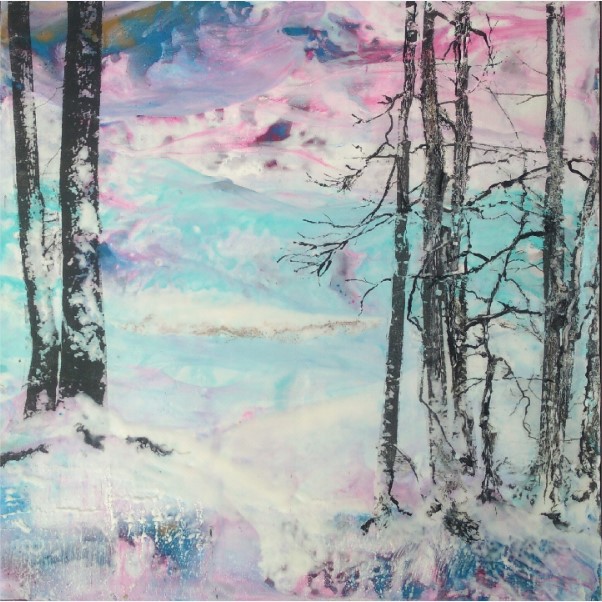 Hieblinger, First Snow I, Encaustic 12x12x1.5 gallery mount, $250